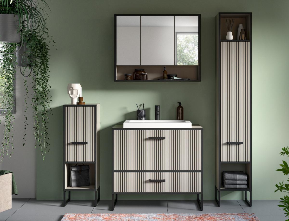 BADMÖBEL-SET schwarz, sand mit Waschbecken 170 cm, Kombination mit Soft-Close - Sandfarben/Schwarz, Glas/Keramik (170/192/48cm) - Inn.Furn