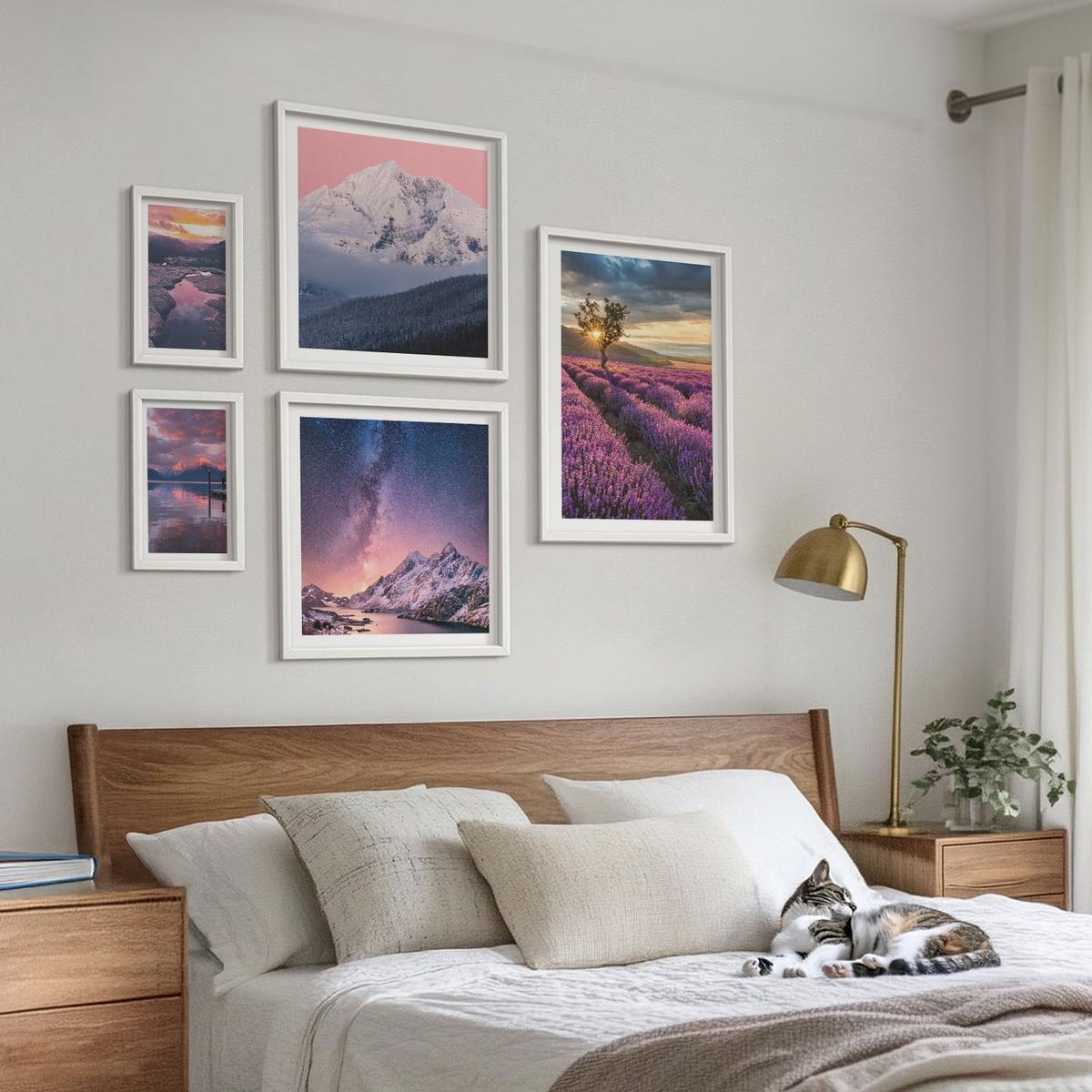 BILDER SET 5er Set - 50x50 cm & 20x30 cm & 40x60 cm Weißer Rahmen - Nachtstädte mit Neonlichtern - Weiß, Kunststoff (40/60cm) - TULUP