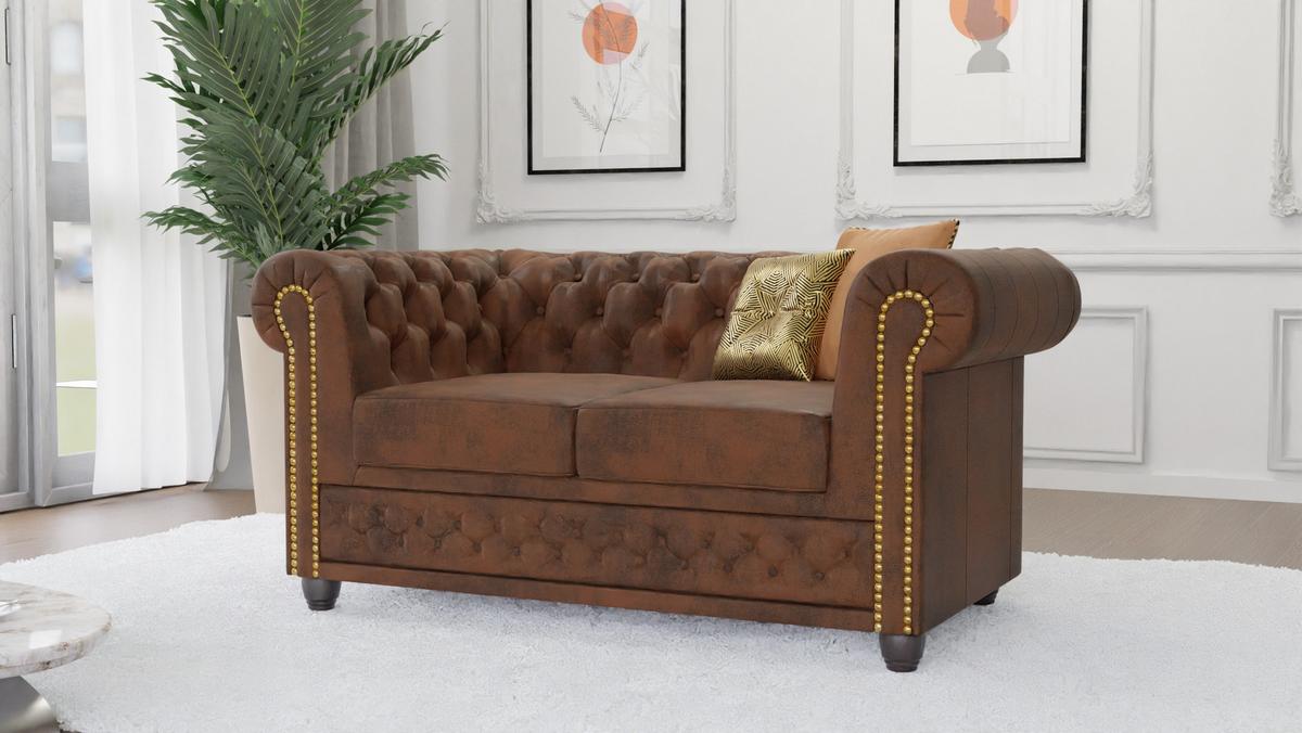 CHESTERFIELD-SOFA 2-sitzer Flux Braun Microfaser Vintageoptik - Braun, Holz/Textil (148/72/86cm) - S-Style Möbel