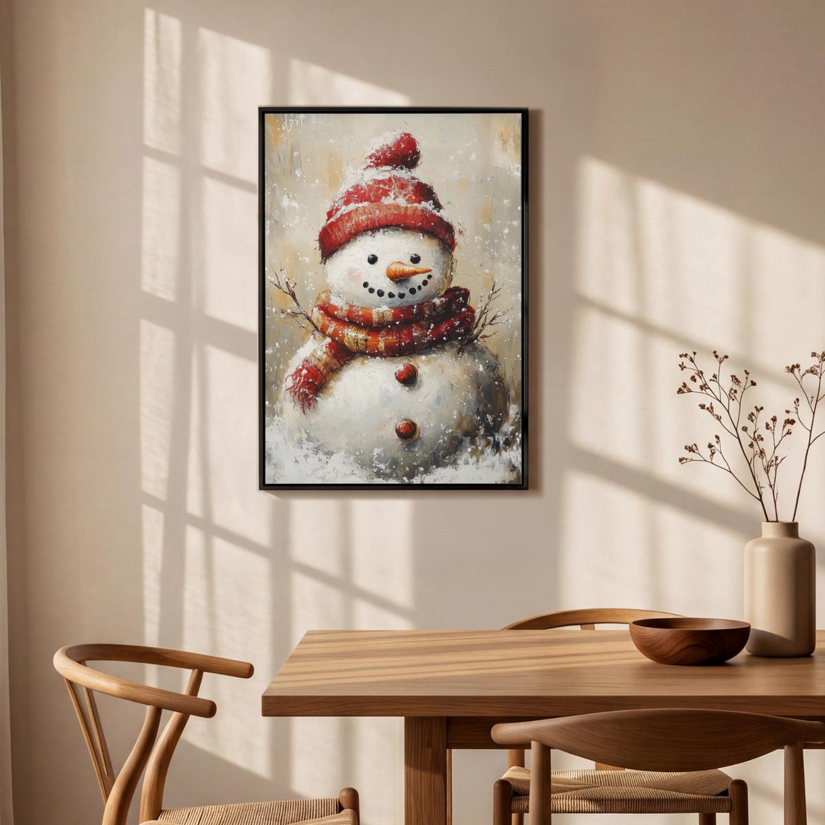 LEINWAND Bilder mit Rahmen - Schneemann - Winter - Schnee - Beige - 60x90 - Weiß, Textil (60/90cm) - MuchoWow