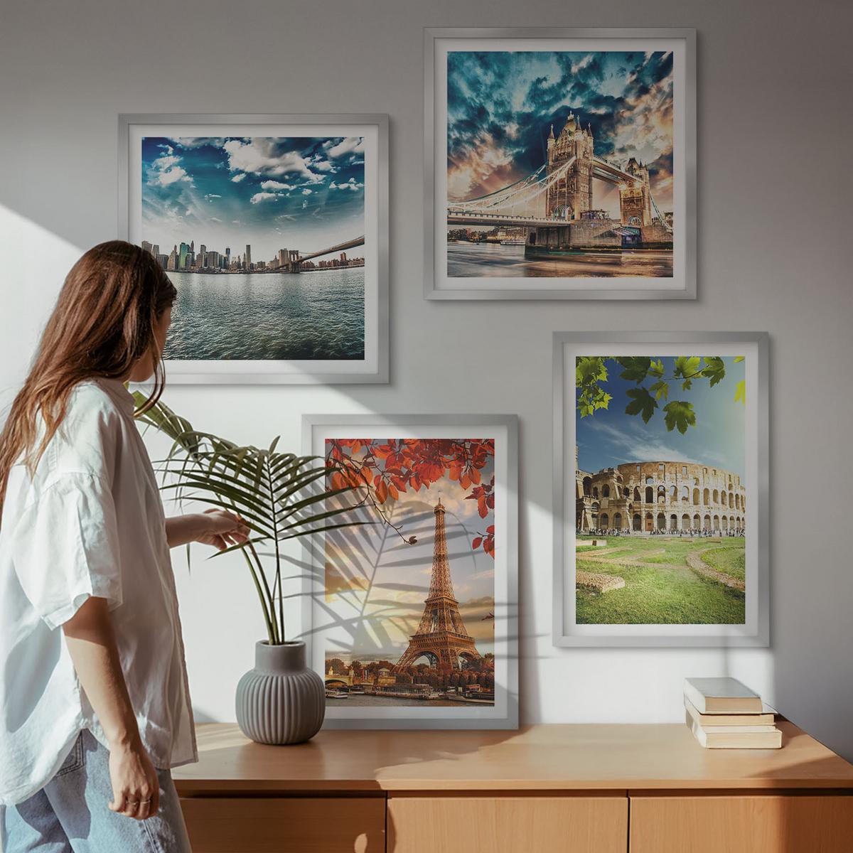 BILDER SET 4er Set - 50x50 cm & 40x60 cm Silberner Rahmen - Denkmäler Europas in warmen Farben - Silberfarben, Kunststoff (50/50cm) - TULUP