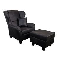 OHRENSESSEL mit HOCKER, hoher Sitzkomfort durch Wellenunterfederung B90/H98/T76 cm, Mikrofaser Leder-Optik Vintage Schwarz / 18007 - Schwarz, Holz/Textil (90/98/76cm) - luma-home
