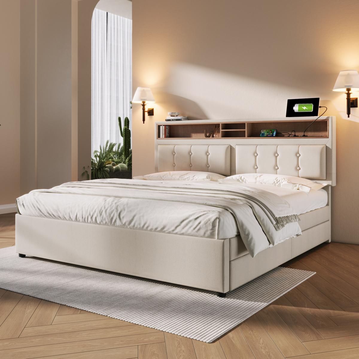 POLSTERBETT leinen-optik beige 140X200 mit 4 schubladen & integrierter ladestation - Eichefarben/Beige, Textil (140/200cm) - Urban Meuble
