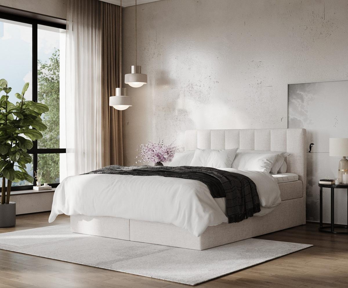 BOXBETT Lusso 180/200 cm Hellbeige im Neve Stoff - Sandfarben/Schwarz, Holz/Holzwerkstoff (180/200cm) - AltaBeds