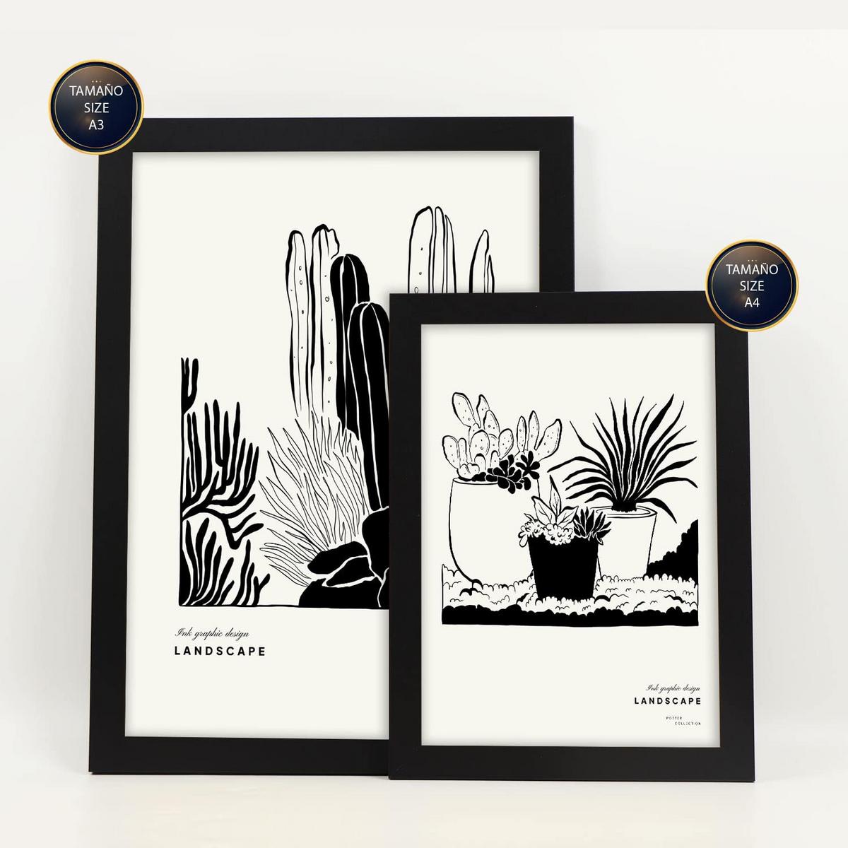 POSTER Set Mit 6 In Schwarzer Tinte Hinterhof Künstlerische Und Abstrakte Drucke Für Innenarchitektur A3 & A4 Schwarzer Rahmen - Schwarz, Papier (29/3cm) - Nacnic