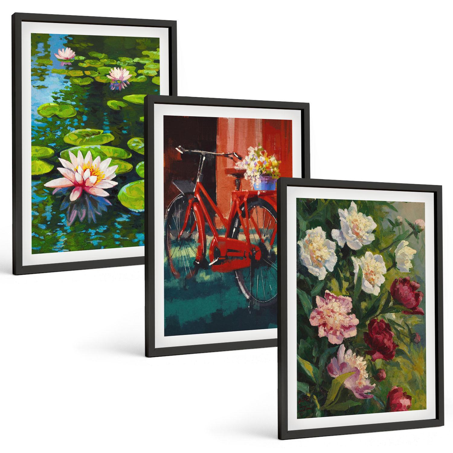 BILDER SET 3er Set - 40x60 cm Schwarzer Rahmen - Lilien im Garten, bunte Blumen - Schwarz, Kunststoff (40/60cm) - TULUP