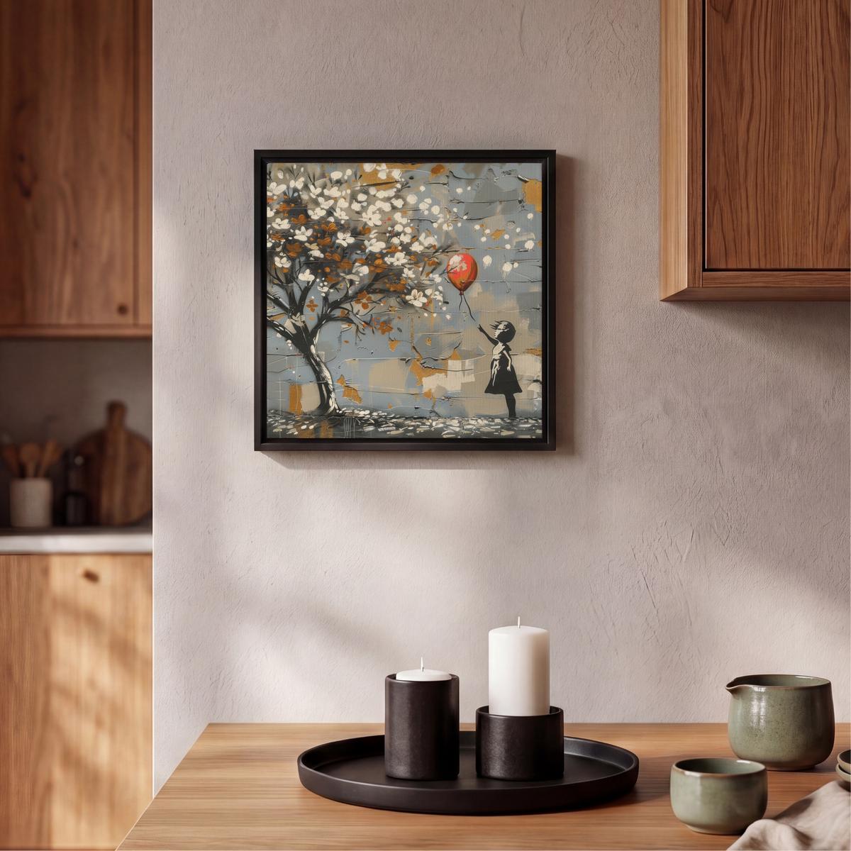 LEINWAND Bilder mit Rahmen - Baum - Graffiti - Banksy-Stil - Ballon-Mädchen - 20x20 - Blaugrau, Textil (20/20cm) - MuchoWow