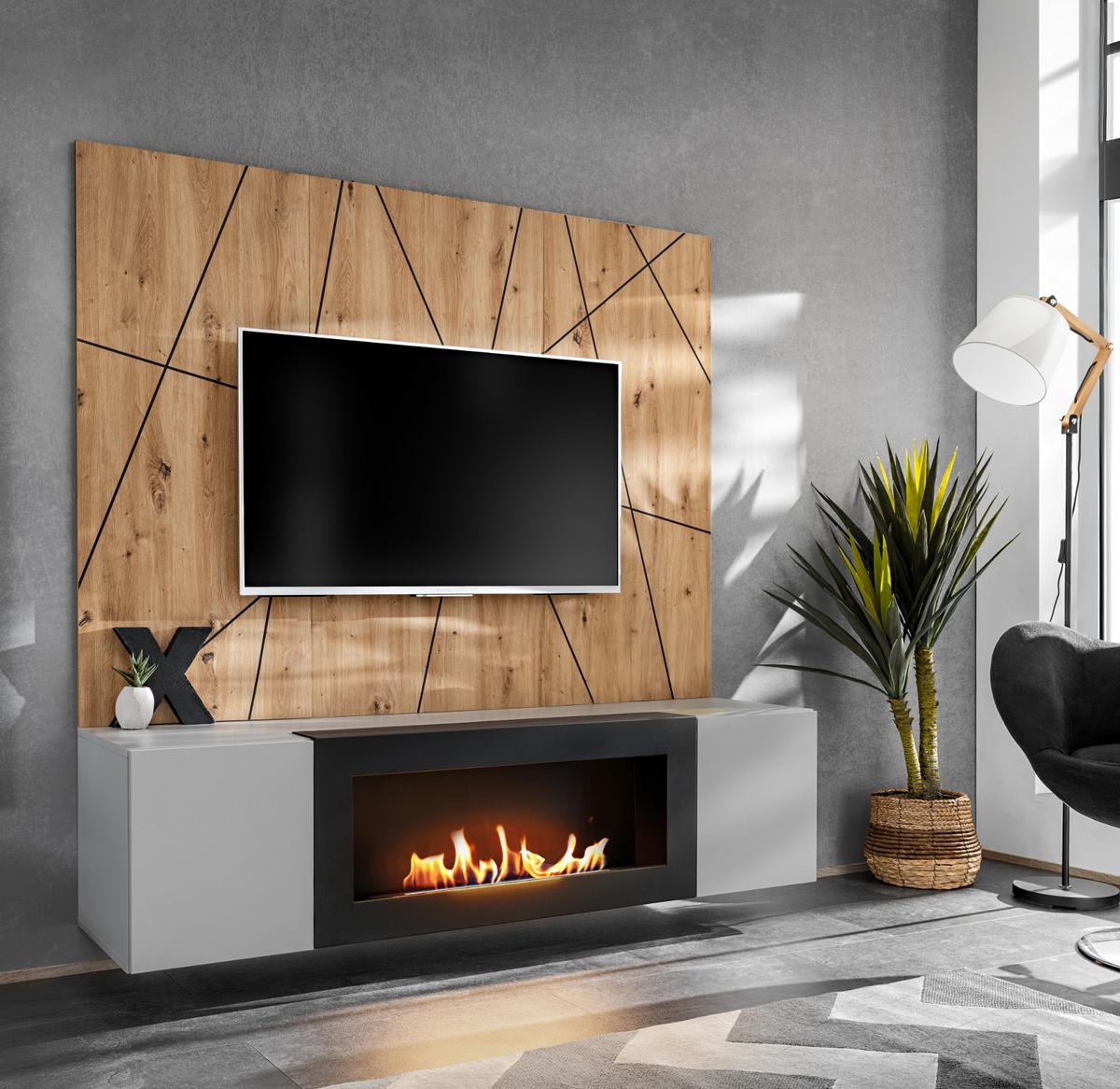 TV-LOWBOARD grau, Eiche Artisan, TV-Unterschrank 160 cm Set mit Ethanol Kamin und Akustikpaneel - Hellgrau/Schwarz, Glas/Holzwerkstoff (160/148/35cm) - Inn.Furn