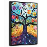 LEINWAND Bilder mit Rahmen - Kunst - Baum des Lebens - Blumen - Hippie - 20x30 - Dunkelblau, Textil (20/30cm) - MuchoWow