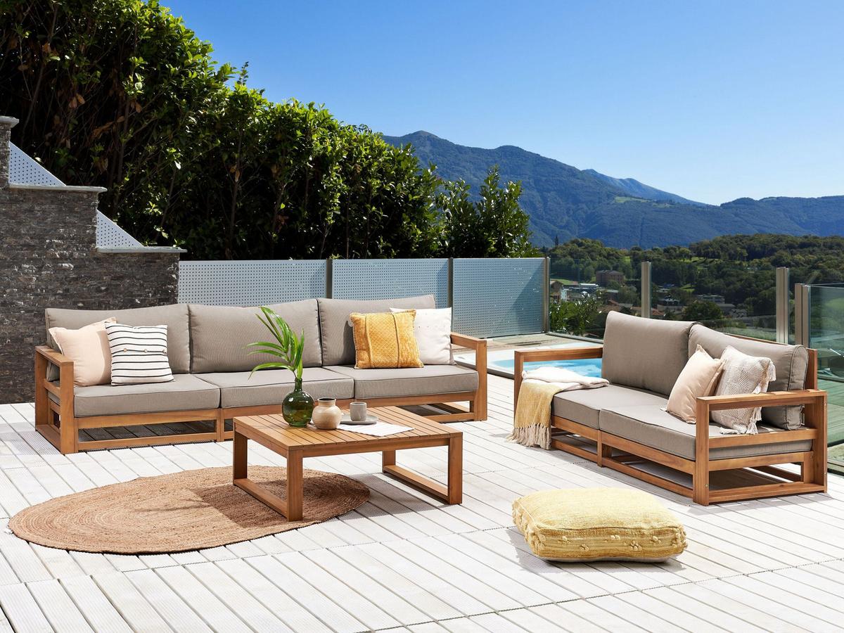 LOUNGE-SET 5-sitzer zertifiziertes hellbraun Auflagen taupe Timor II - Taupe, Holz - Beliani