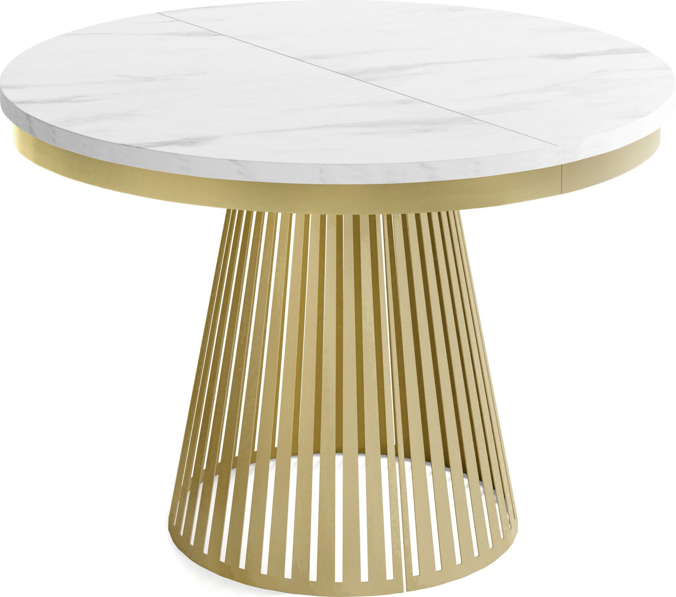 ESSTISCH Naro rund ausziehbar mit Goldem Lamellen-Metallgestell, Marmor Weiß 100-180/100/76 cm - Ecru/Goldfarben, Holzwerkstoff/Metall (100/180/76cm) - WFL GROUP