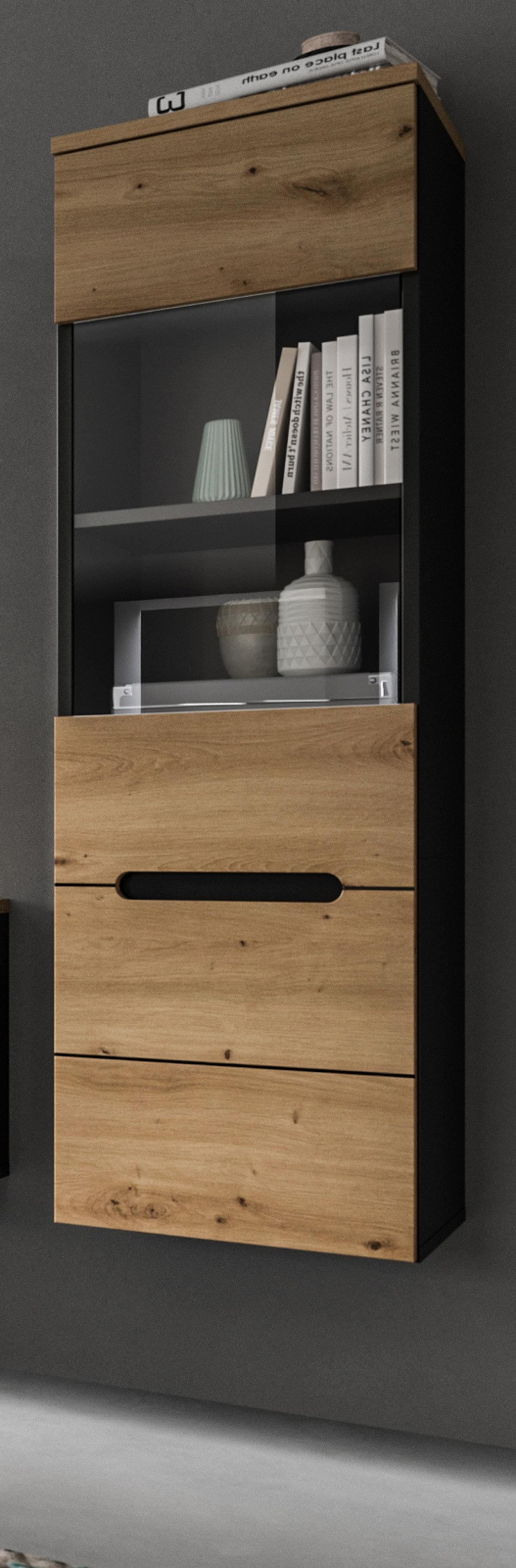 VITRINE Eiche Artisan, grau, Vitrinenschrank hängend / stehend 36 x 125 cm, Soft-Close - Schwarz/Eiche Artisan, Glas/Holzwerkstoff (36/125/33cm) - Inn.Furn