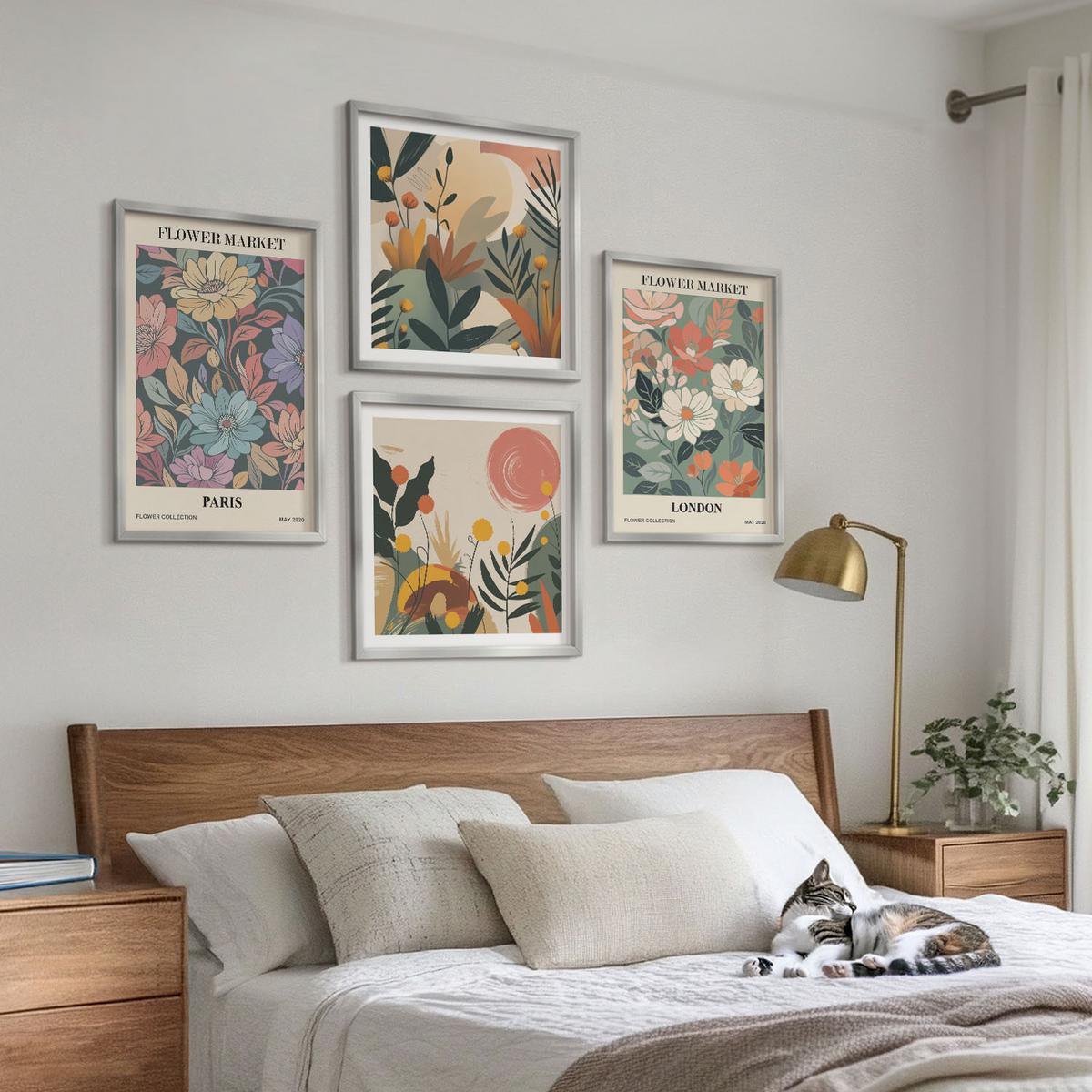 BILDER SET 4er Set - 50x50 cm & 40x60 cm Silberner Rahmen - Blumenposter Paris London - Silberfarben, Kunststoff (50/50cm) - TULUP