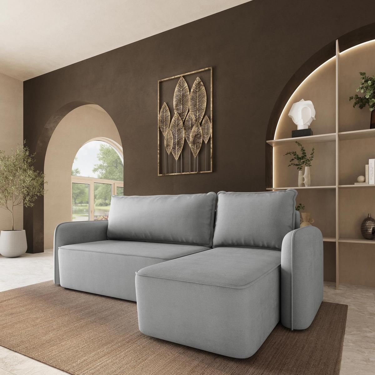 ECKSOFA DOLVER Hellgrau Plüsch-Stoff mit Schlaffunktion - Hellgrau, Holz (238/156cm) - MASSENO