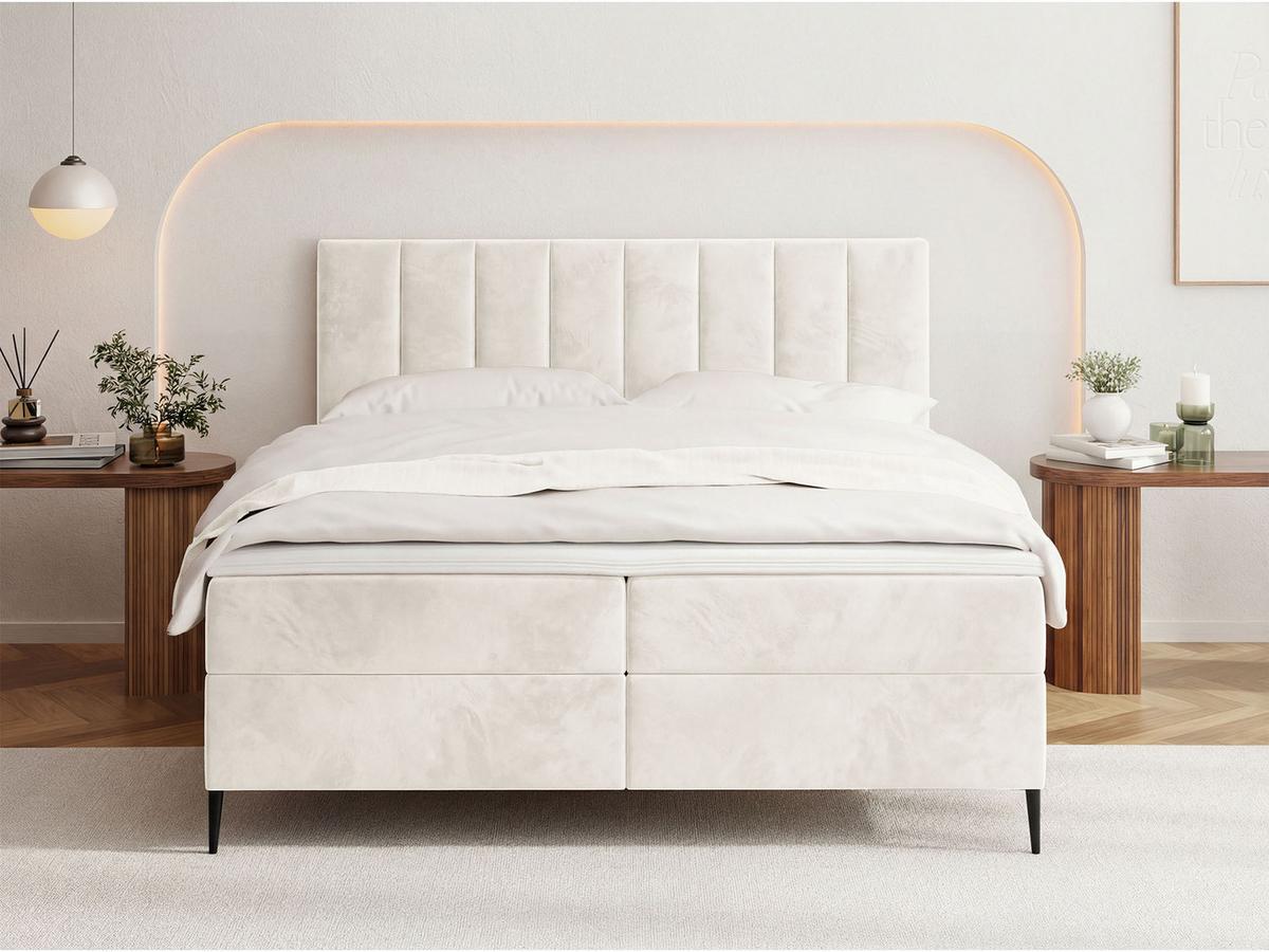 BOXBETT Allen mit Bettkasten, Samt Creme 120x200 cm – inkl. H4 Taschenfederkern Matratze & Foam Topper - Beige/Creme, Holz/Holzwerkstoff (120/200cm) - WFL GROUP