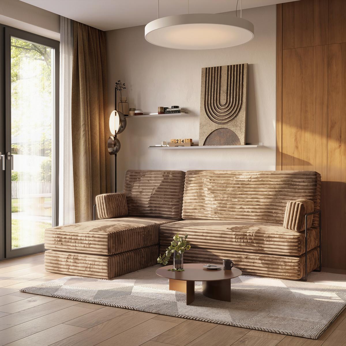 ECKSOFA NOTIA modulares Boneless Sofa mit Schlaffunktion Beige Kordstoff - Beige, Textil (200/120cm) - MASSENO