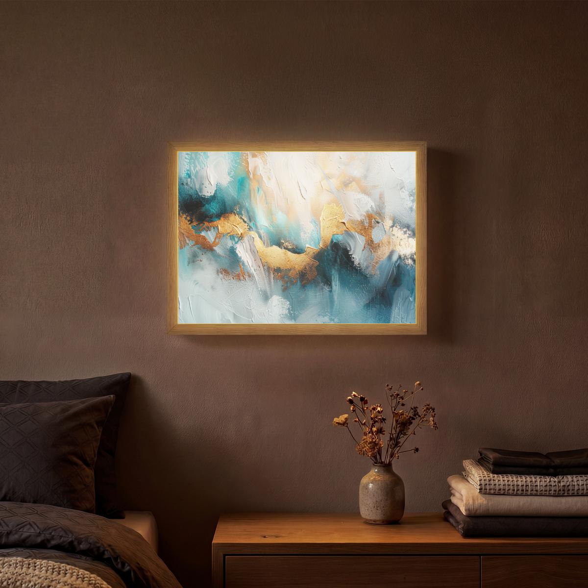 WANDLEUCHTE MIT AKKU Abstrakt - Kunst - Gold - Blau 40x30 cm - Türkis, Holzwerkstoff (40/30/8cm) - OnlyWow