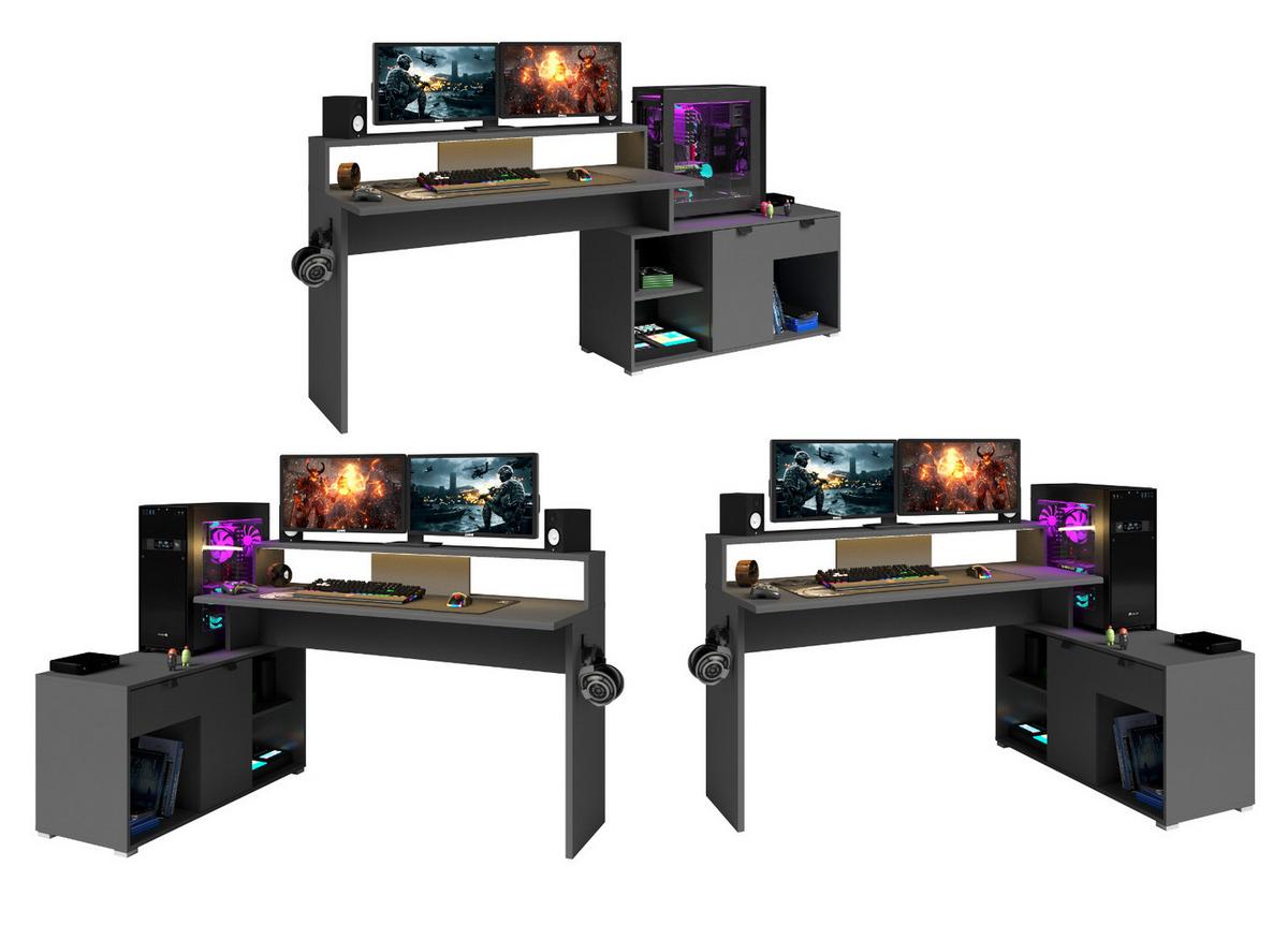 SCHREIBTISCHKOMBINATION schwarz, grau, Set Gamingtisch und Regal inkl. LED mit Farbwechsel - Schwarz/Grau, Holzwerkstoff/Kunststoff (180/229/95cm) - Parisot Meuble