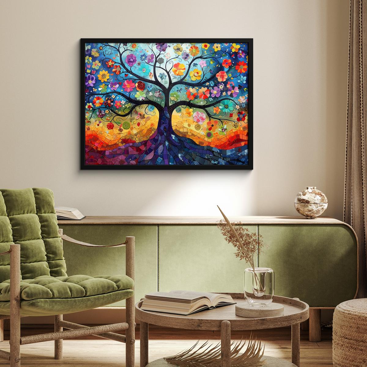 POSTER MIT RAHMENGERAHMTES BILD Kunst - Baum des Lebens - Blumen - Hippie 80x60 cm - Dunkelblau, Papier (80/60cm) - MuchoWow