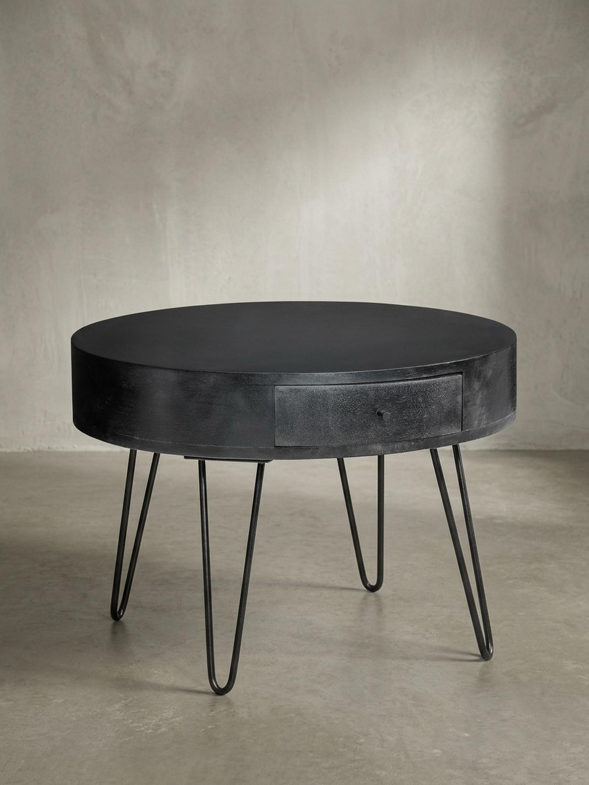 COUCHTISCH Rund Mango Massivholz Metall, 60x60x43 cm, mit Schublade, Stauraum und Haarnadelbeinen - Schwarz, Holz/Metall (60/60/43cm) - KADIMA DESIGN