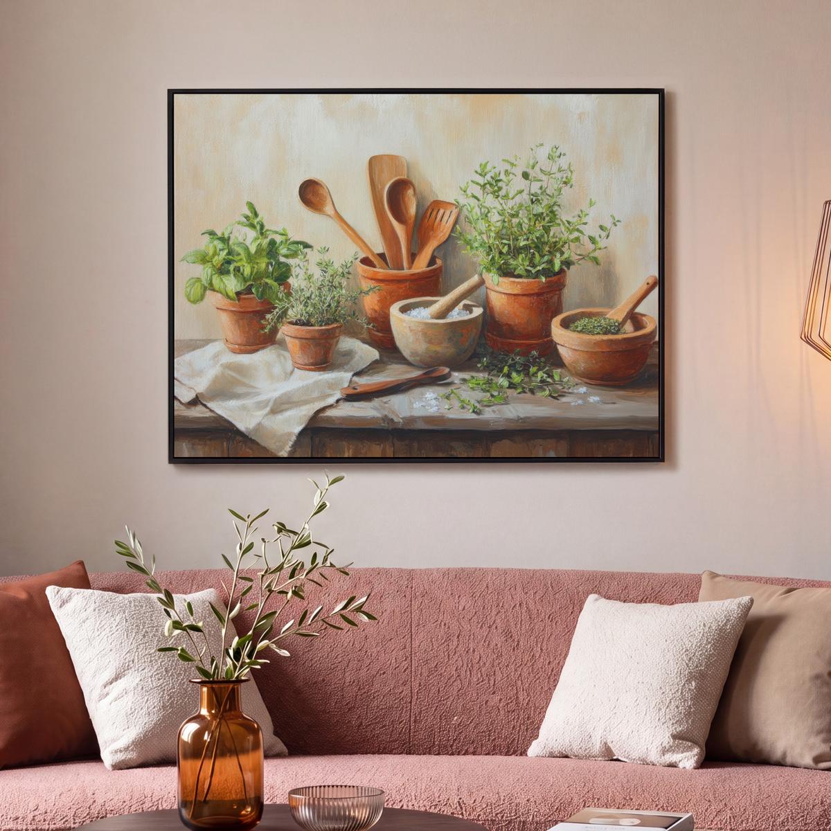 LEINWAND Bilder mit Rahmen - Töpfe - Kräuter - Holz - 100x70 - Terracotta, Textil (100/70cm) - MuchoWow