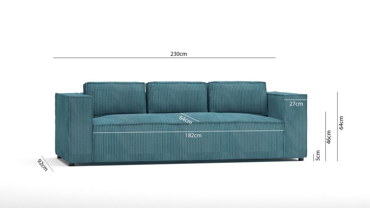 3-SITZER-SOFA Nova Türkis Cord - Türkis/Schwarz, Holz/Kunststoff (230/64/92cm) - S-Style Möbel