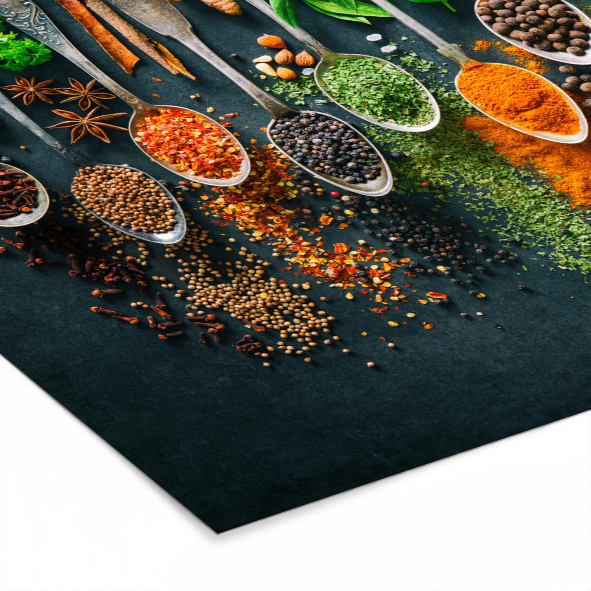 POSTER MIT RAHMENGERAHMTES BILD Kräuter - Gewürze - Löffel 90x60 cm - Currygelb, Papier (90/60cm) - MuchoWow
