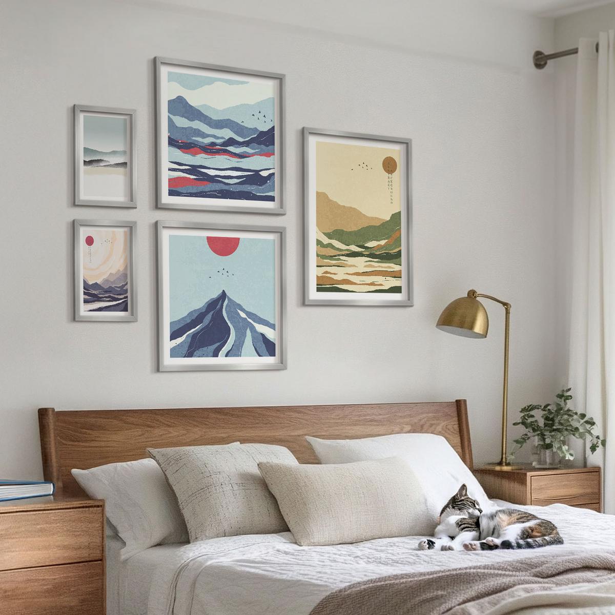 BILDER SET 5er Set - 50x50 cm & 20x30 cm & 40x60 cm Silberner Rahmen - Berge minimalistische Pastellfarben - Silberfarben, Kunststoff (40/60cm) - TULUP