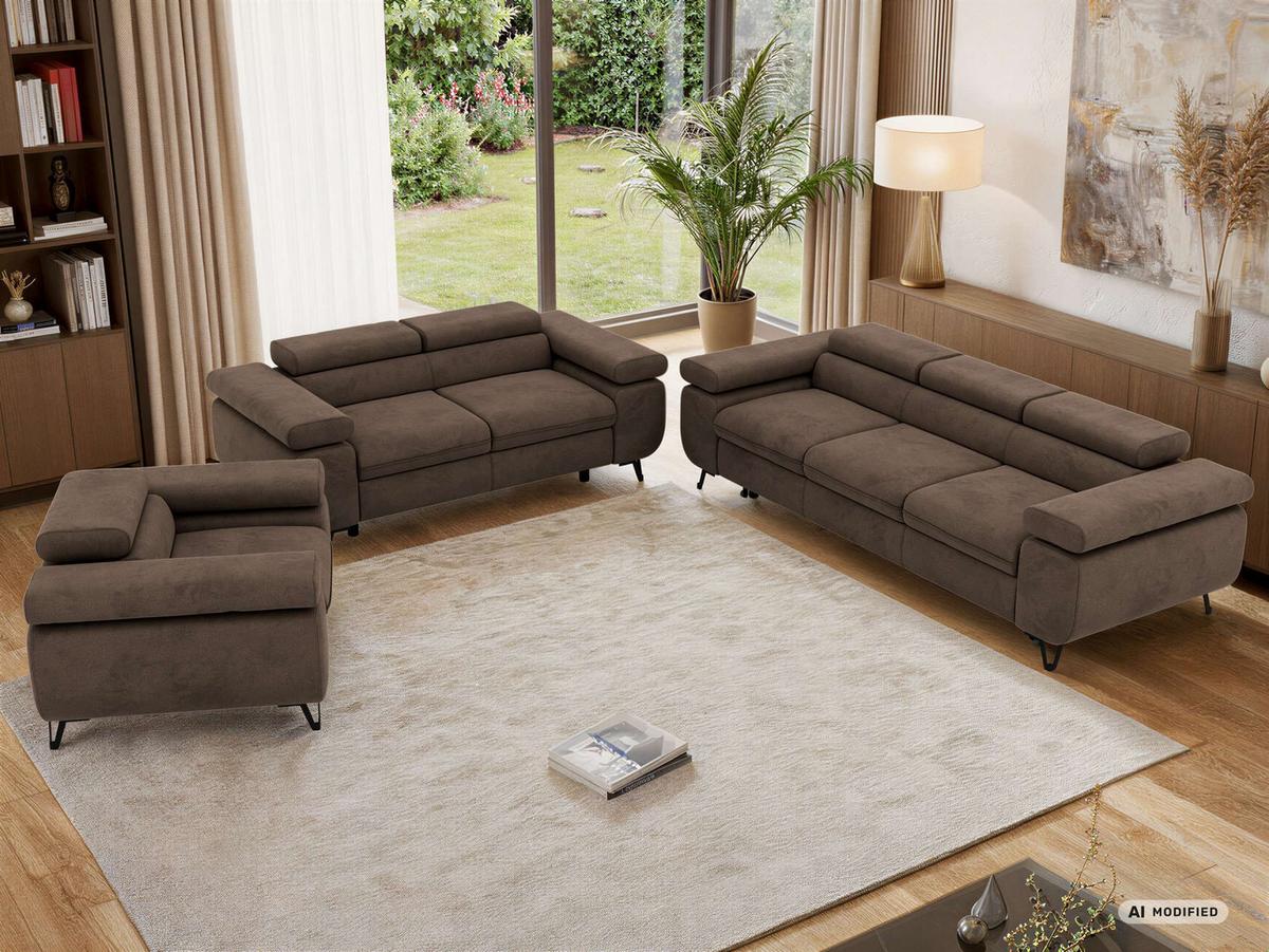 SITZGARNITUR PETER 1+2+3 mit Schlaffunktion - Braun Velvet - Schwarz/Braun, Textil/Metall (262/76/99cm) - MKS