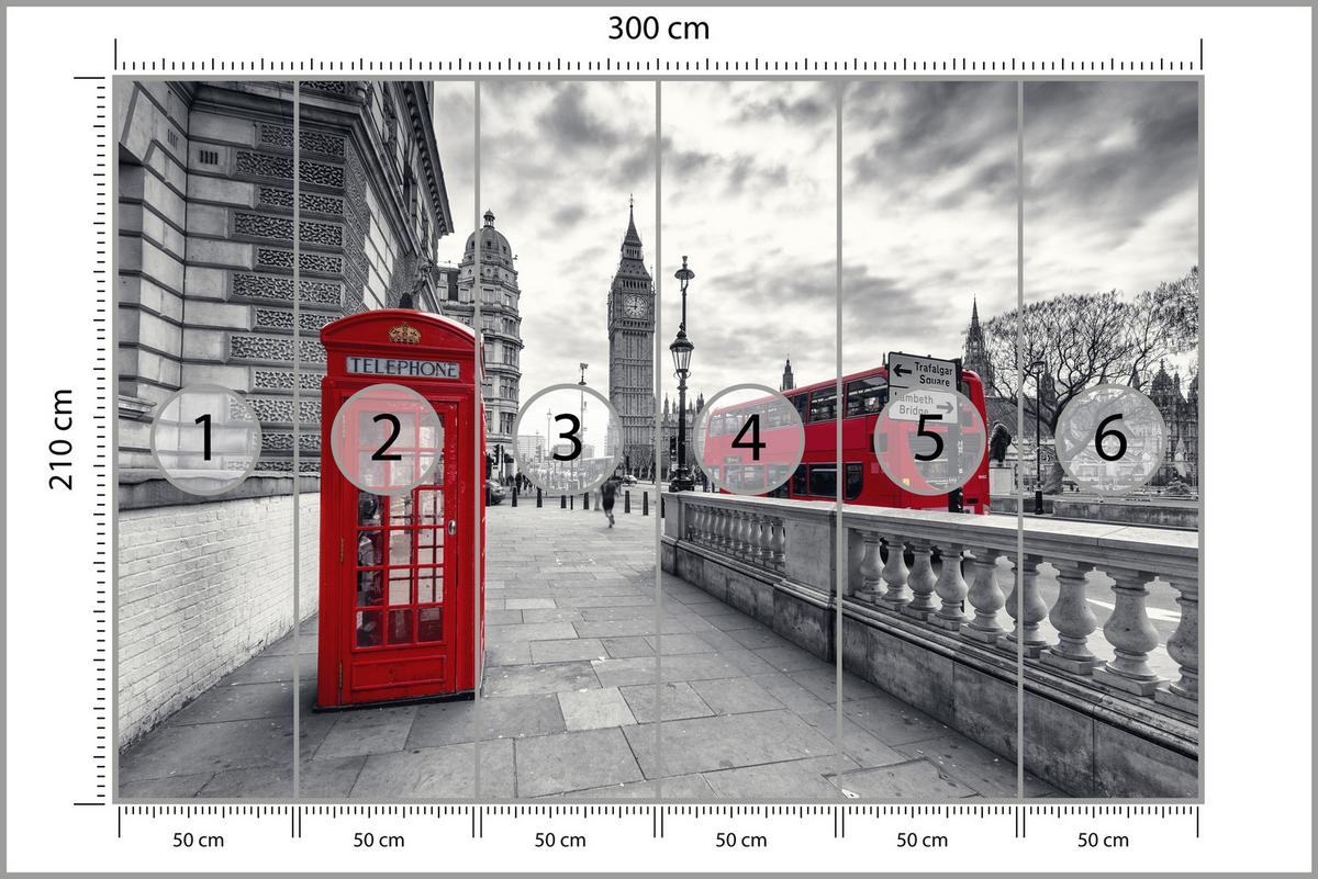 FOTOTAPETE für Wohnzimmer Rote Telefonzelle London Monument BIG BEN Bus 300x210 - Rot/Weiß, Papier (300/210cm) - Muralo