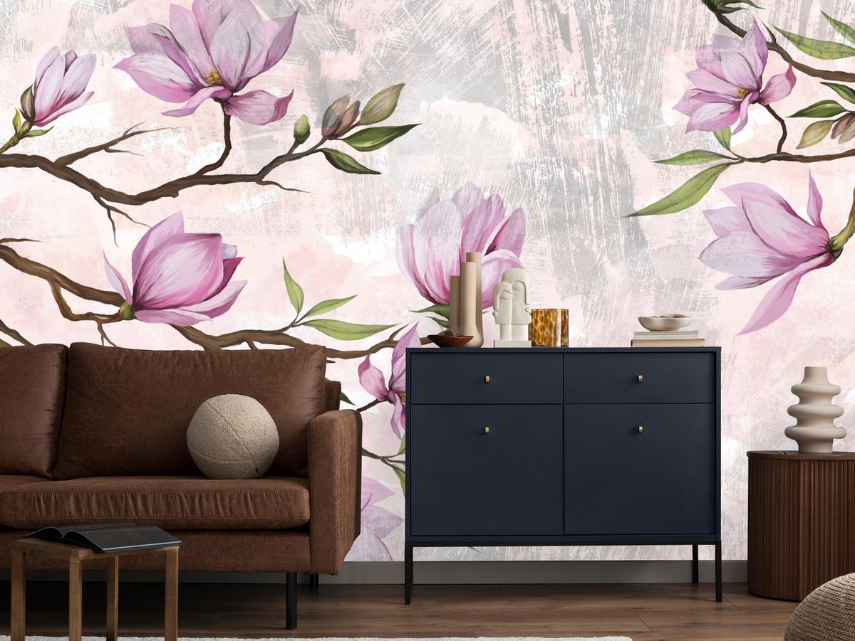 FOTOTAPETE für Schlafzimmer Rosa Magnolienblüten Botanisch 300x210 - Beige/Violett, Papier (300/210cm) - Muralo