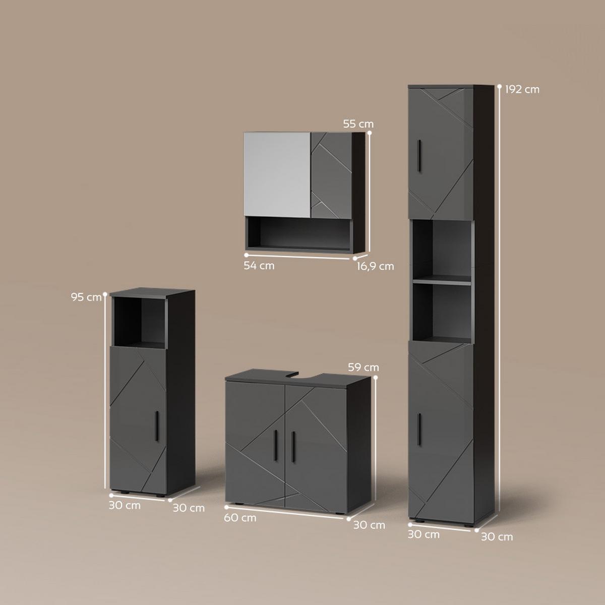 BADMÖBEL-SET Ronco Anthrazit Hochglanz 4 Teile, mit Hochschrank - Schwarz Hochglanz, Holzwerkstoff (60/192/30cm) - Livinity®