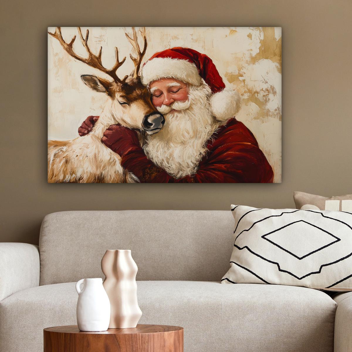 LEINWANDBILD Weihnachtsmann - Rentier - Weihnachten Gemälde 60x40 cm - Rotbraun, Textil (60/40cm) - MuchoWow
