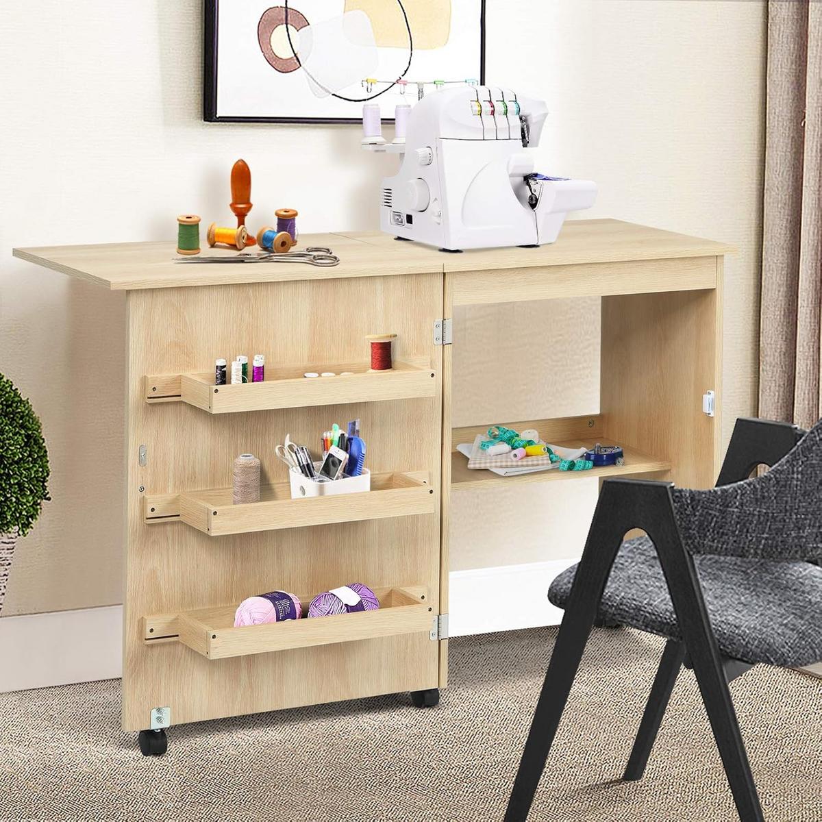 NÄHSCHRANK 2 in 1 Schreibtisch Beige - Beige, Holz (40/119/80cm) - COSTWAY