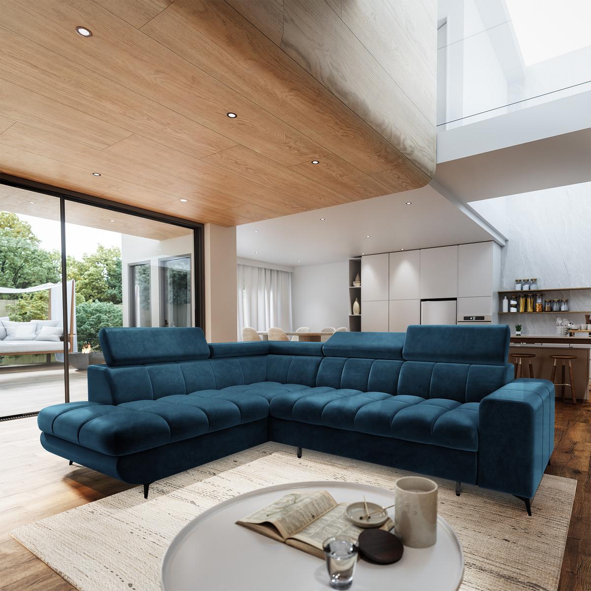 ECKSOFA MORIVA L-S Blau Velours-Stoff mit Schlaffunktion - Blau, Holz (253/190cm) - MASSENO
