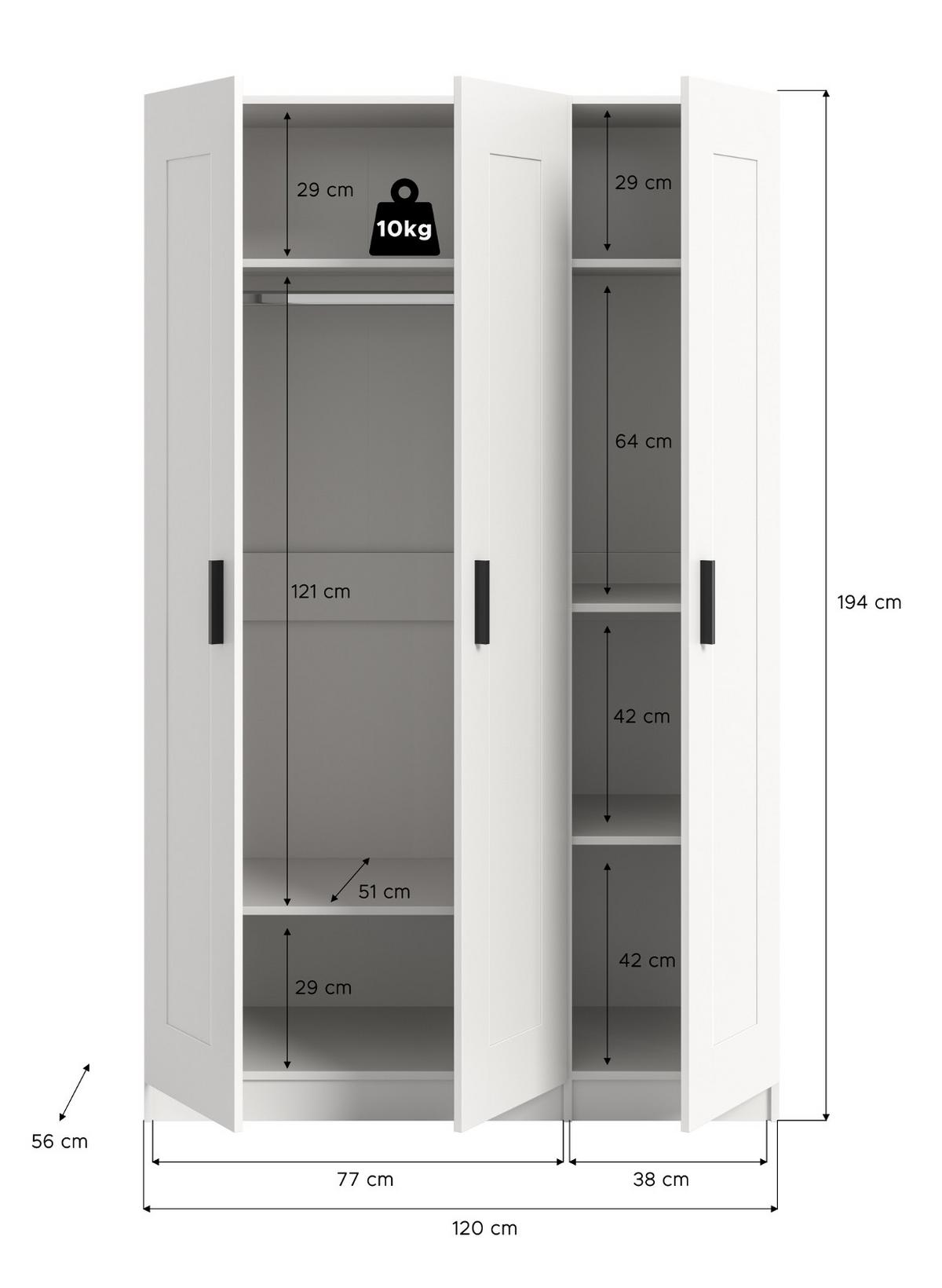 KLEIDERSCHRANK in weiß 120 x 194 cm, Drehtürenschrank 3-türig skandinavisch - Schwarz/Weiß, Holzwerkstoff/Kunststoff (120/194/56cm) - Inn.Furn