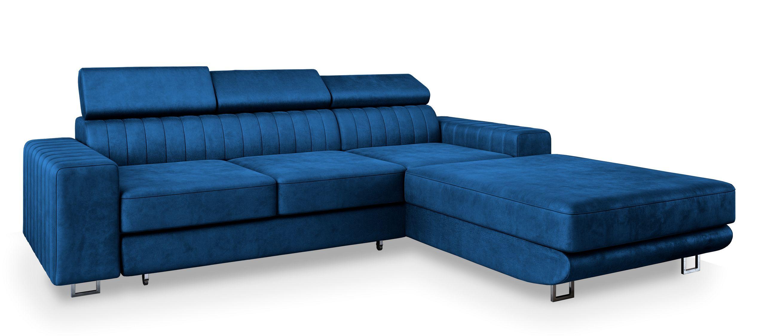 ECKSOFA NOTO R-S Blau Velours-Stoff mit Schlaffunktion - Blau/Silberfarben, Holz/Textil (267/190cm) - MASSENO