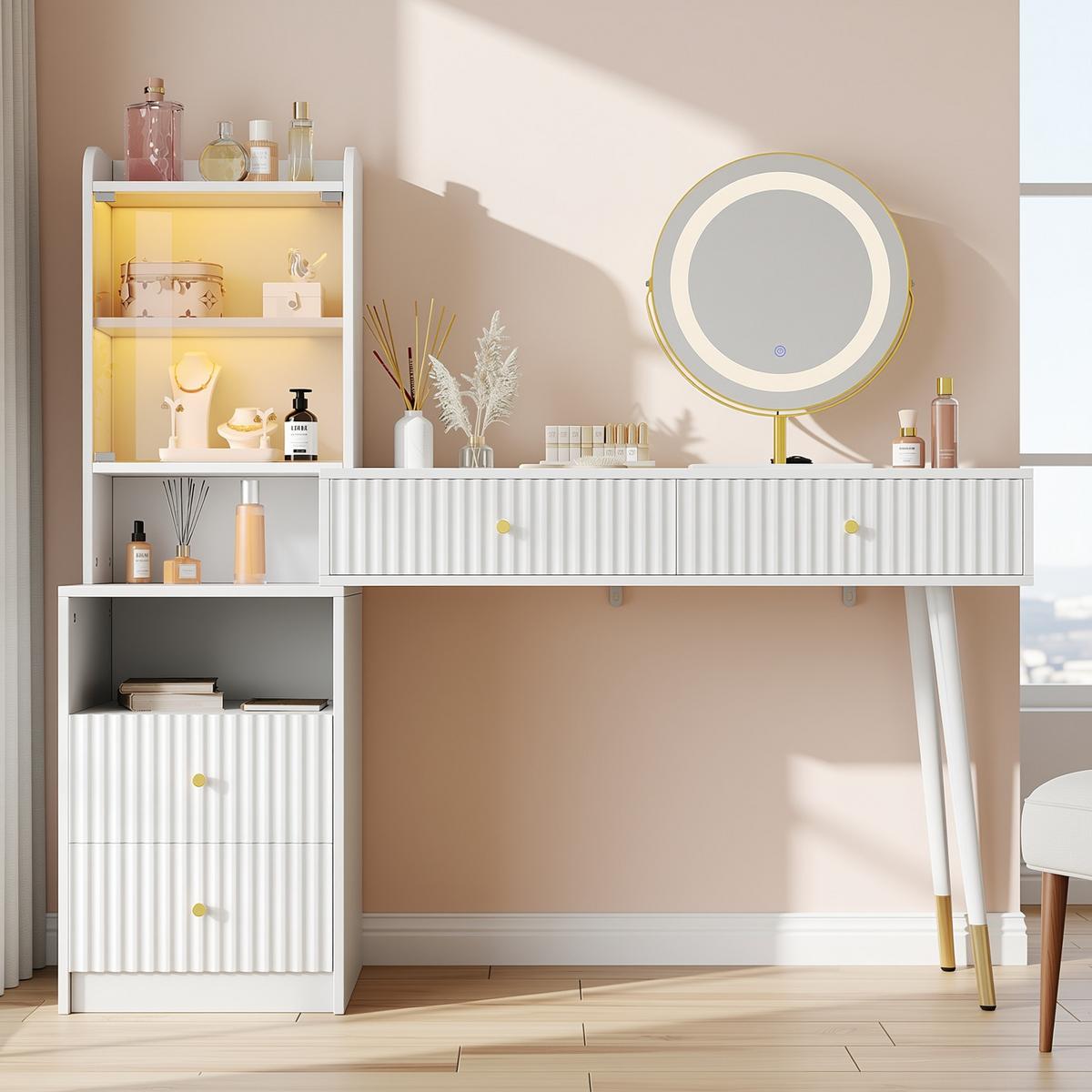 SCHMINKTISCH in Weiß mit 3-Farben LED-Spiegel - Weiß, Holzwerkstoff (135/125/40cm) - Urban Meuble