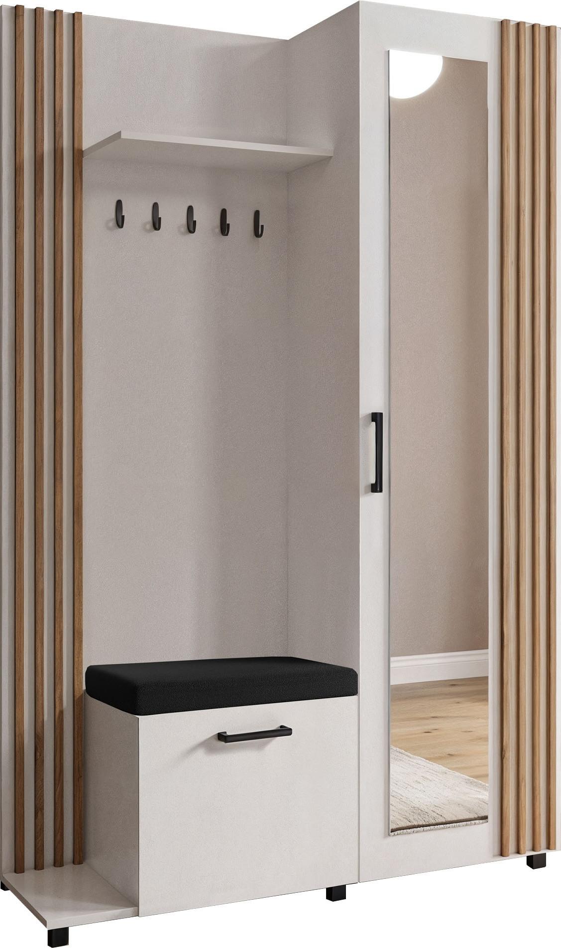 GARDEROBE Linaro mit Spiegel, Sitzbank in Lamellen-Optik 137/207/42 cm, Links - Schwarz/Weiß, Holzwerkstoff (137/207/42cm) - WFL GROUP
