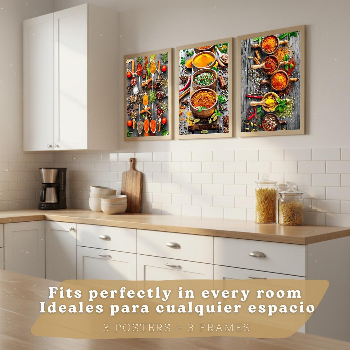 POSTER 3er Set Gewürze und Kräuter Wandbilder Aromatische Zutaten Food Fotografie Küche Esszimmer Deko Leichter Holzrahmen A3 - Beige, Papier (29.7/1/42cm) - Nacnic