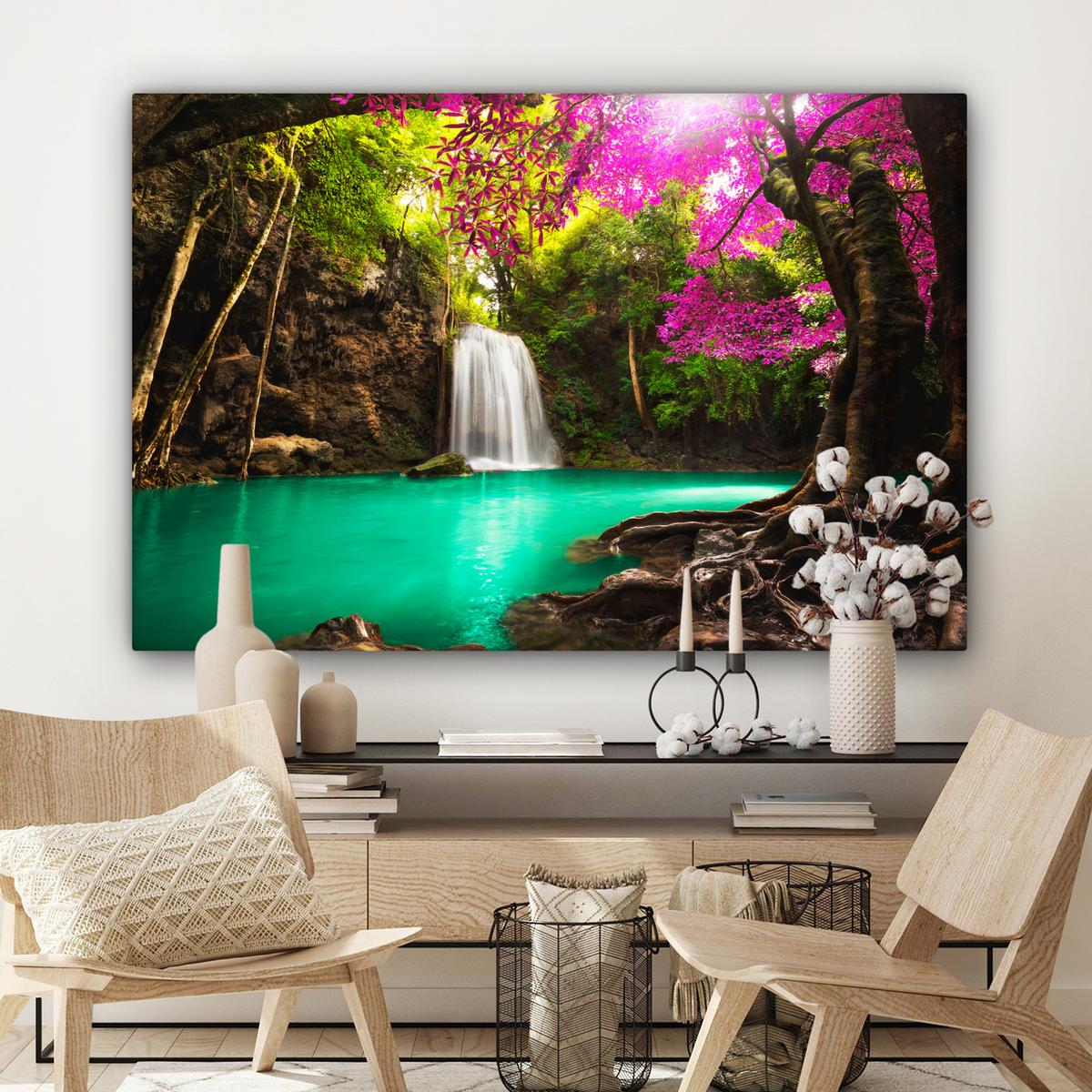 LEINWANDBILD Wasserfall mit bunten Blumen und Bäumen - Natur - Dschungel Groß 140x90 cm - Waldgrün, Textil (140/90cm) - MuchoWow