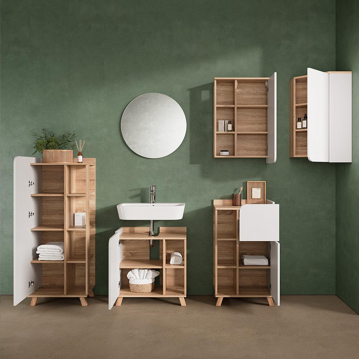 BADMÖBEL-SET Marano Sonoma/Weiß 6 Teile - Weiß/Sonoma Eiche, Holzwerkstoff (60/65/35cm) - Livinity®