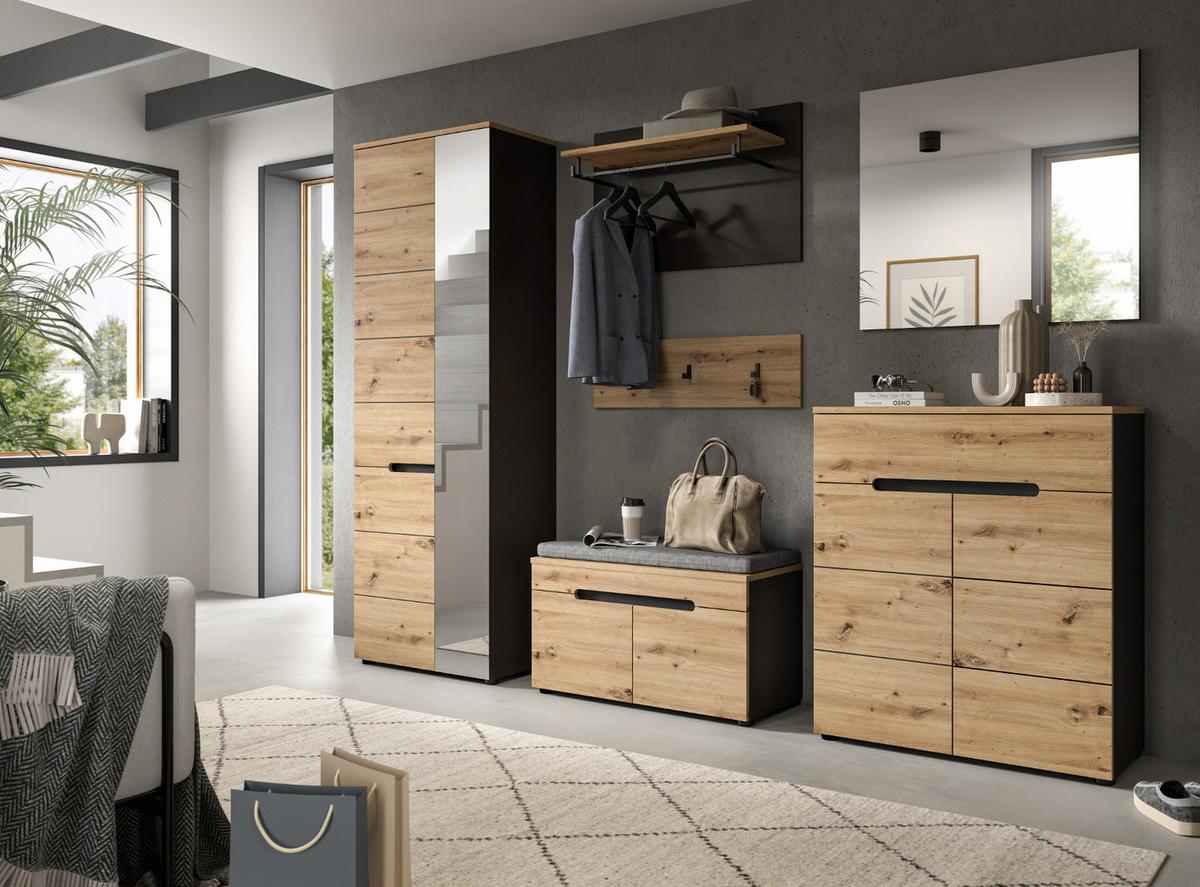 GARDEROBE Set 5-teilig Eiche Artisan grau 175 cm, mit Soft-Close - Schwarz/Eiche Artisan, Glas/Holzwerkstoff (175/190/37cm) - Inn.Furn