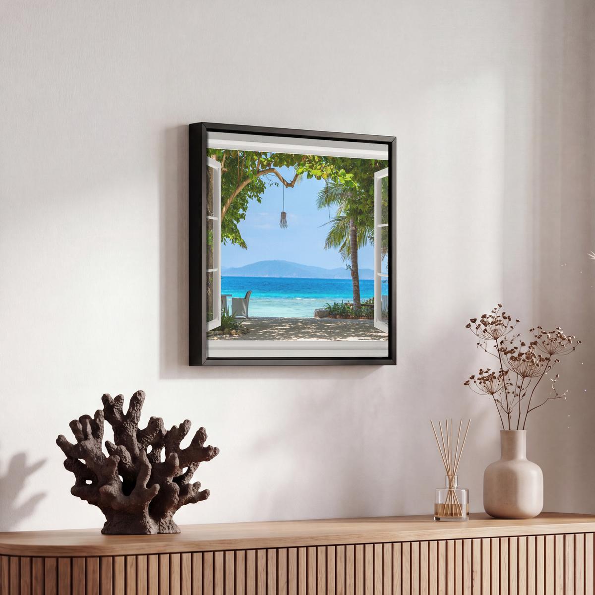 LEINWAND Bilder mit Rahmen - Aussicht - Baum - Meer - Palme - Hügel - Strand - Blau - 20x20 - Blau, Textil (20/20cm) - MuchoWow