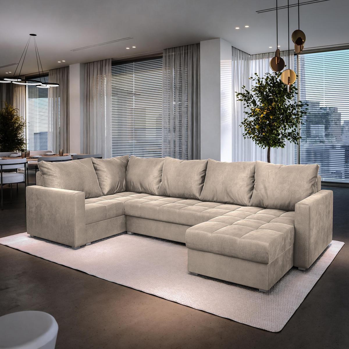 WOHNLANDSCHAFT LORIVO L-S Beige Plüsch-Stoff mit Schlaffunktion - Beige/Grau, Holz/Kunststoff (285/85/150cm) - MASSENO