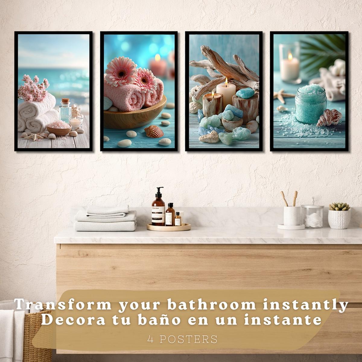 POSTER 4er-Set Badezimmer-Wandposter, Strand-Spa-Poster für Waschbecken, Dusche, WC mit Muscheln, Kerzen, Handtüchern und Meersalz Schwarzer Rahmen A3 - Schwarz, Papier (42/29.7/3cm) - Nacnic
