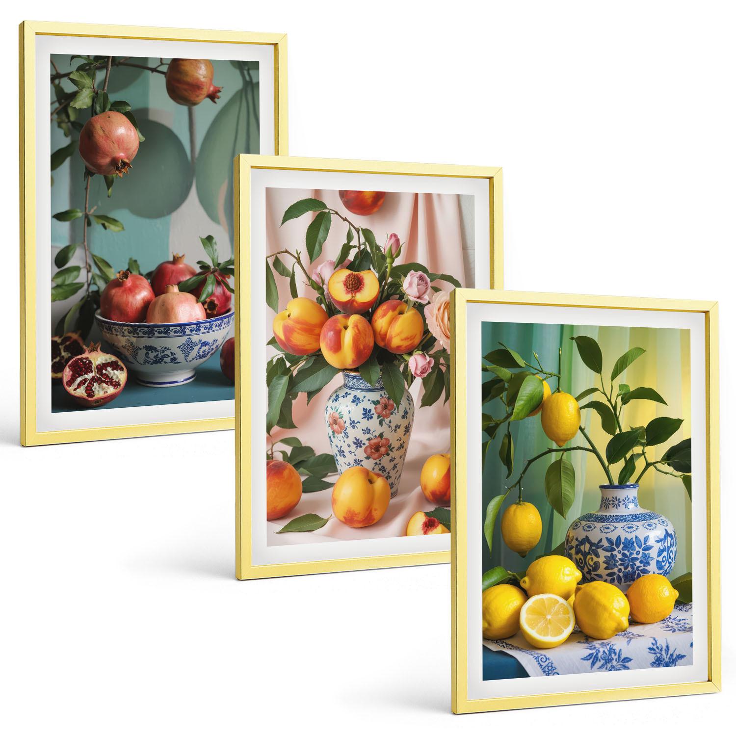 BILDER SET 3er Set - 40x60 cm Goldrahmen - Granatäpfel, Pfirsiche, Zitronen - Goldfarben, Kunststoff (40/60cm) - TULUP