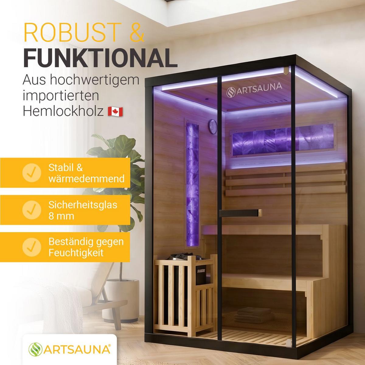 SAUNA Vantaa 120 x 120 cm mit 3,5 kW Saunaofen - Schwarz, Holz (120/200/120cm) - Artsauna