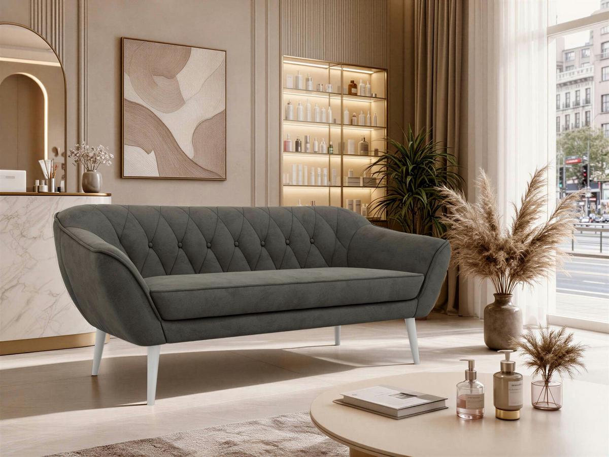 3-SITZER-SOFA PIRS - Dunkelgrau Velvet - Weiße Beine - Dunkelgrau/Weiß, Holzwerkstoff/Textil (180/75/74cm) - MKS