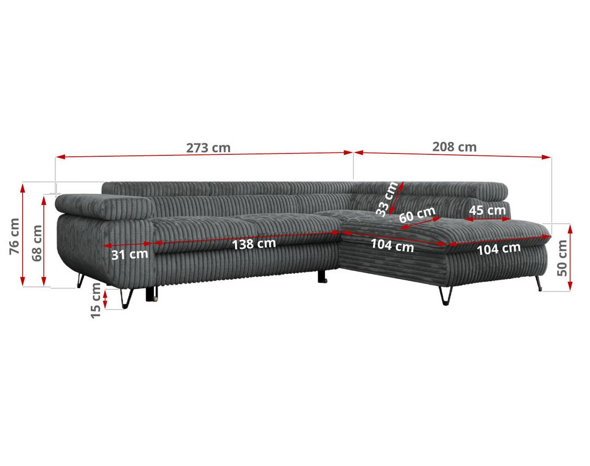 ECKSOFA PEDRO L Dunkelgrau Cord - Rechts Seite - Dunkelgrau/Schwarz, Textil/Metall (273/208cm) - MKS